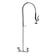 Chrome pre-rinse assembly with coiled hose, spray head, and dual deck-mount handles.