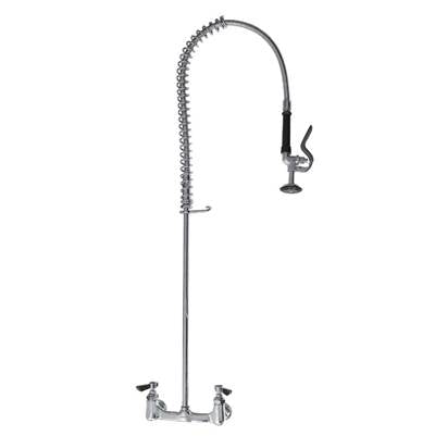 Chrome pre-rinse assembly with coiled hose, spray head, and dual deck-mount handles.