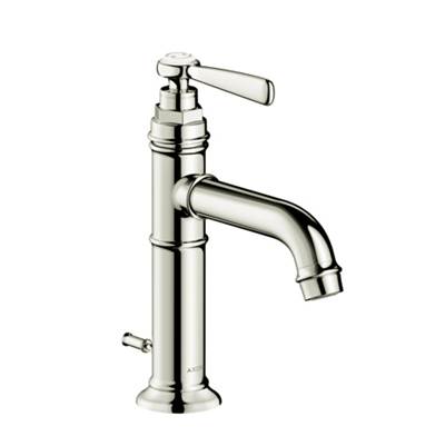 Polished nickel single-hole bathroom faucet with lever handle and curved spout.
