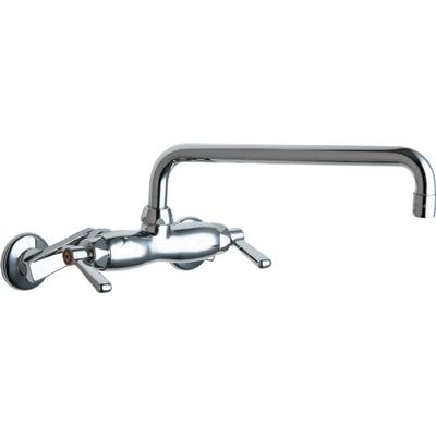Chrome wall-mounted sink faucet with dual handles and curved spout.