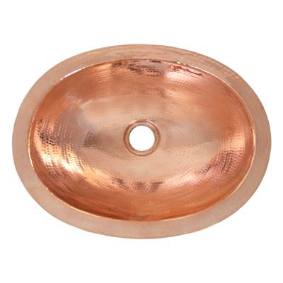 Polished copper oval undermount bathroom sink with single faucet hole.