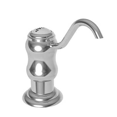 Polished chrome soap dispenser with curved spout and pump top on pedestal base.