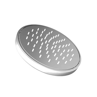 Polished chrome rainfall shower head with oval face and angled water outlet holes.