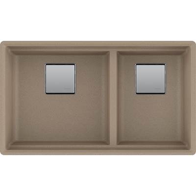 Oyster granite double bowl kitchen sink with two equal compartments and drain holes.