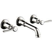 Polished nickel wall-mounted faucet with curved spout and two lever handles on circular escutcheons.