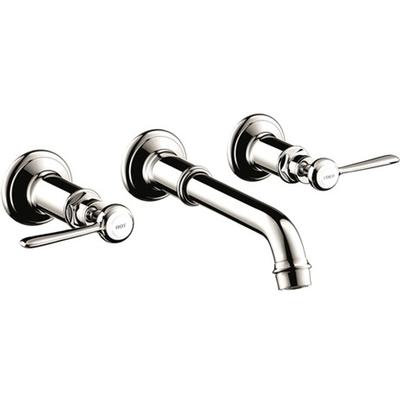 Polished nickel wall-mounted faucet with curved spout and two lever handles on circular escutcheons.
