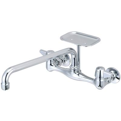 Polished chrome two-handle wall-mount kitchen faucet with curved spout and rectangular shelf.