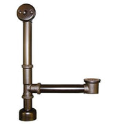 Oil-rubbed bronze bathtub trip lever waste and overflow assembly with vertical and horizontal pipes.