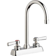 Chrome dual-handle washboard sink faucet with high arcing spout and white base.