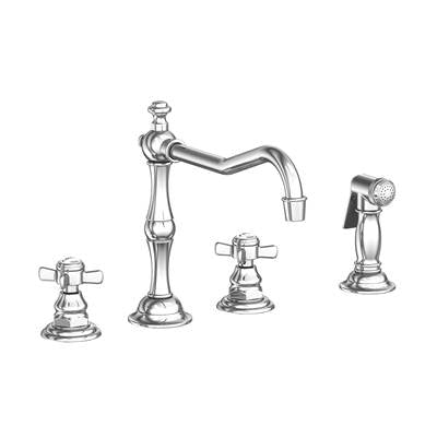 Polished chrome kitchen faucet set with tall curved spout, two cross handles, side spray, and deck-mounted base.