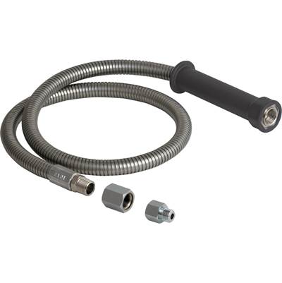 Stainless steel hose assembly with black rubber handle and three interchangeable connector fittings.