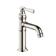 Polished nickel single-hole bathroom faucet with curved spout and lever handle.