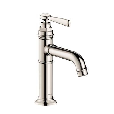 Polished nickel single-hole bathroom faucet with curved spout and lever handle.