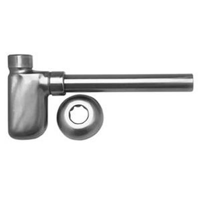 Polished chrome decorative bottle trap with curved outlet tube and circular decorative ring.