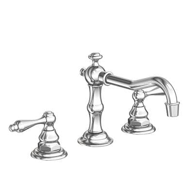 Polished chrome widespread lavatory faucet with two handles and curved spout.