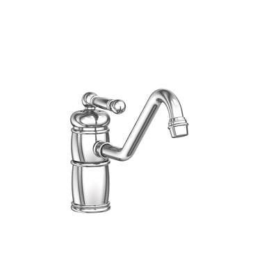 Polished chrome single handle kitchen faucet with curved spout and decorative lever handles.