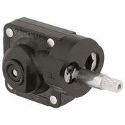 Black Grohe pressure balance cartridge with metal stem and mounting holes on rectangular base.