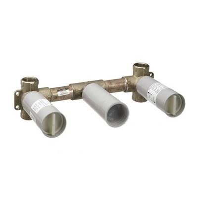 Brass rough-in valve with three white cylindrical components and mounting brackets for wall installation.