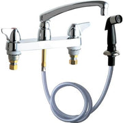 Polished chrome kitchen sink faucet with arched spout, dual handles, side spray, and flexible hose.