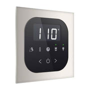 Polished nickel square steam shower control panel with digital display showing 110 degrees and touch buttons.