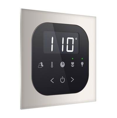 Polished nickel square steam shower control panel with digital display showing 110 degrees and touch buttons.