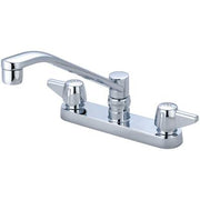 Polished chrome two-handle kitchen faucet with curved spout and lever handles on rectangular base.