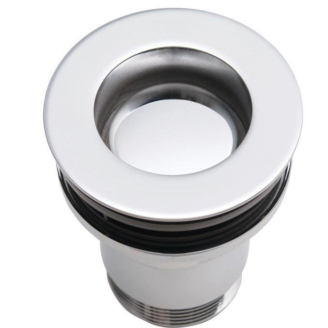 Round white sink drain with polished chrome rim and black rubber gasket, threaded base visible.