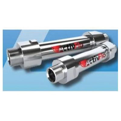 Two chrome cylindrical check valves with red indicator bands and threaded NPT connections on blue background.
