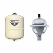 Almond cylindrical thermal expansion tank with Zilmet logo next to gray spherical expansion tank with connection ports.