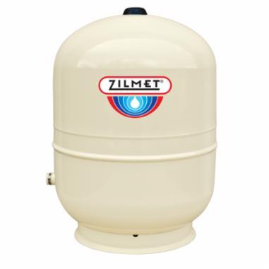 Zilmet thermal expansion tank in almond color with red and blue logo, cylindrical shape with black valve on top.