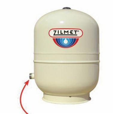 Zilmet cream-colored cylindrical well tank with brand logo and side connection port.