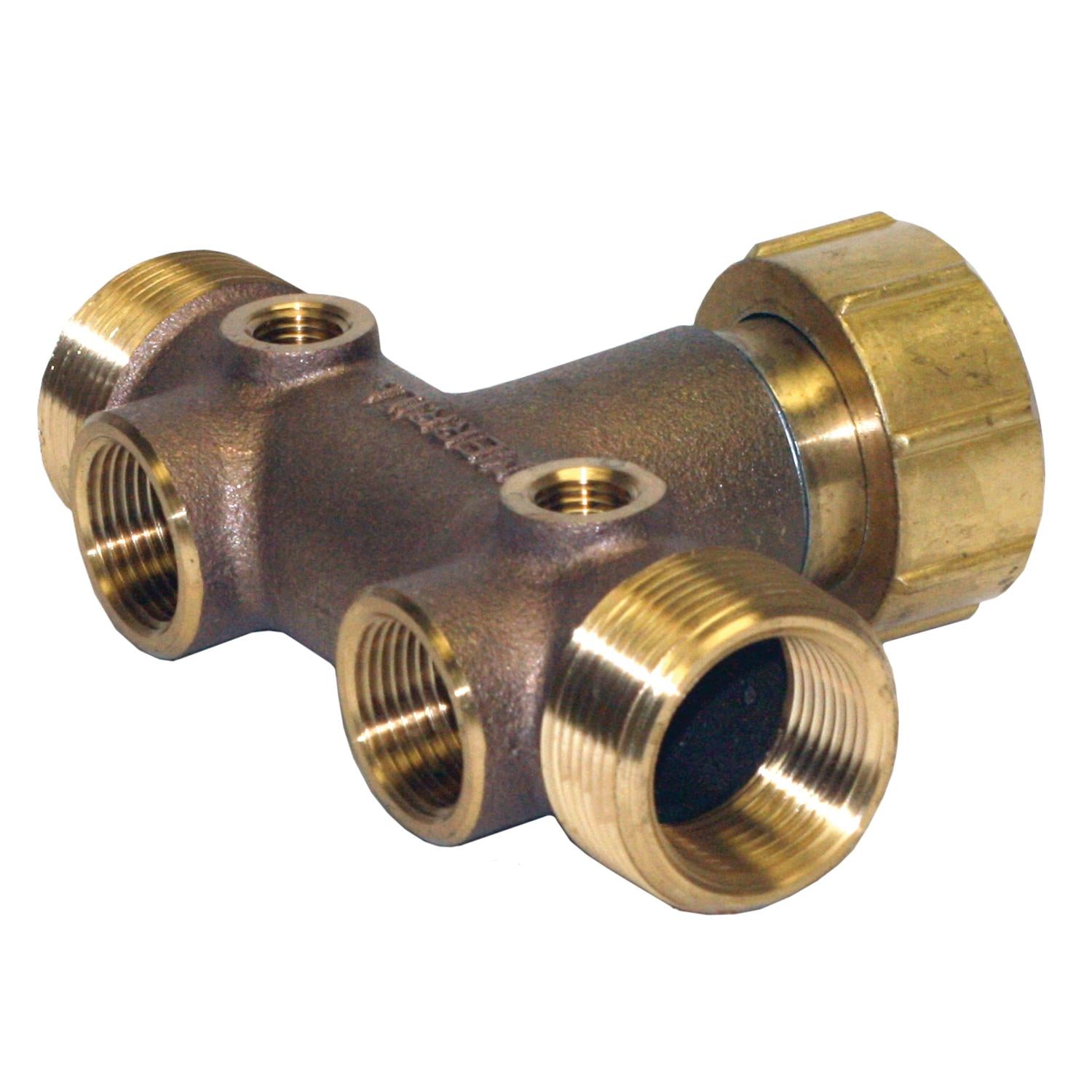 Brass tee fitting with three threaded ports and union connection on upper right outlet.