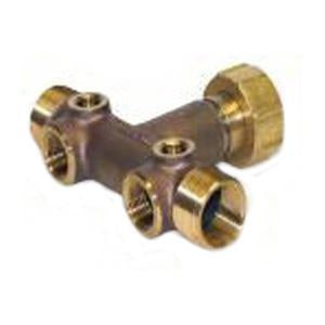 Brass tank tee fitting with union connections and threaded ports on dark metal body.