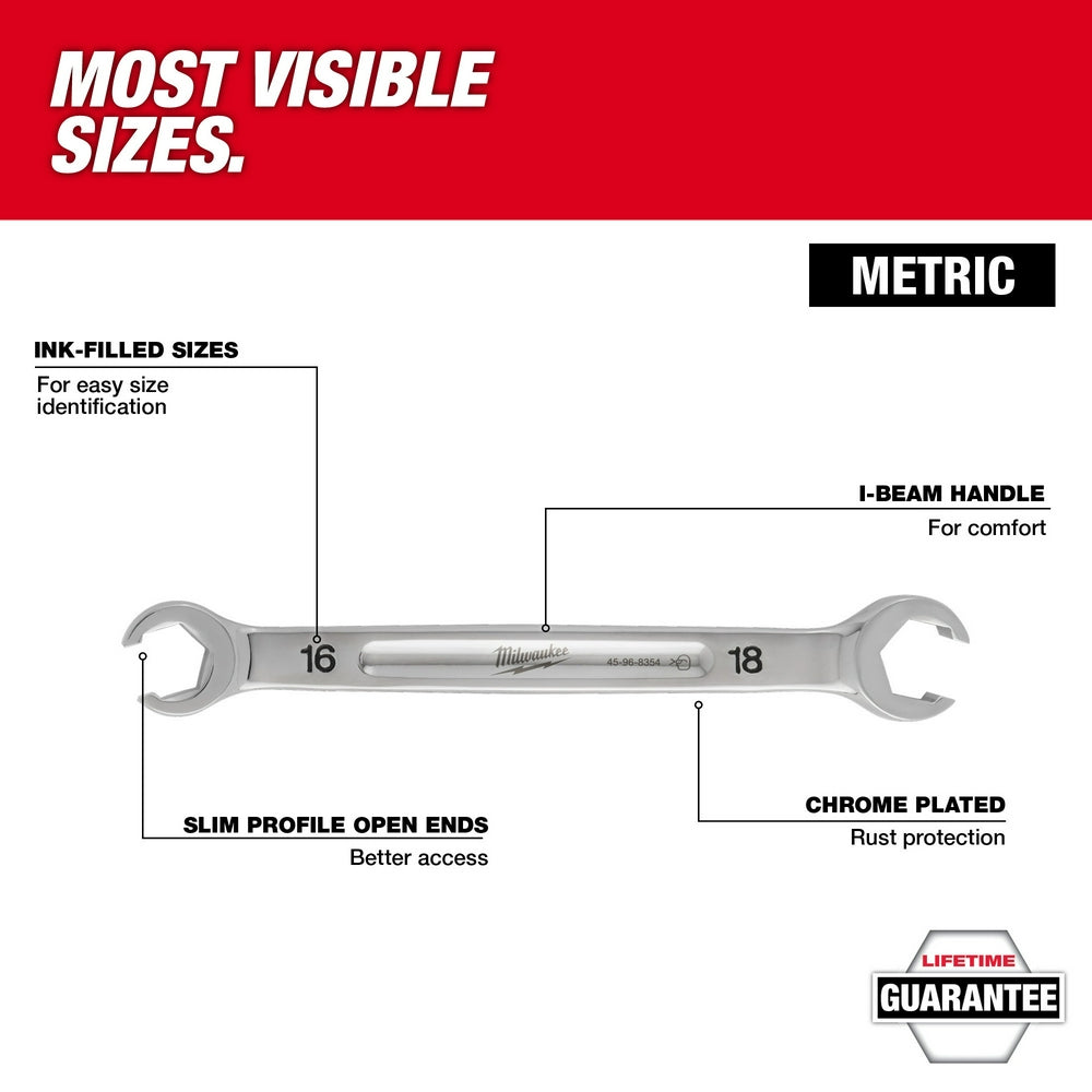 Chrome-plated double end flare nut wrench with 16mm and 18mm open ends and I-beam handle.
