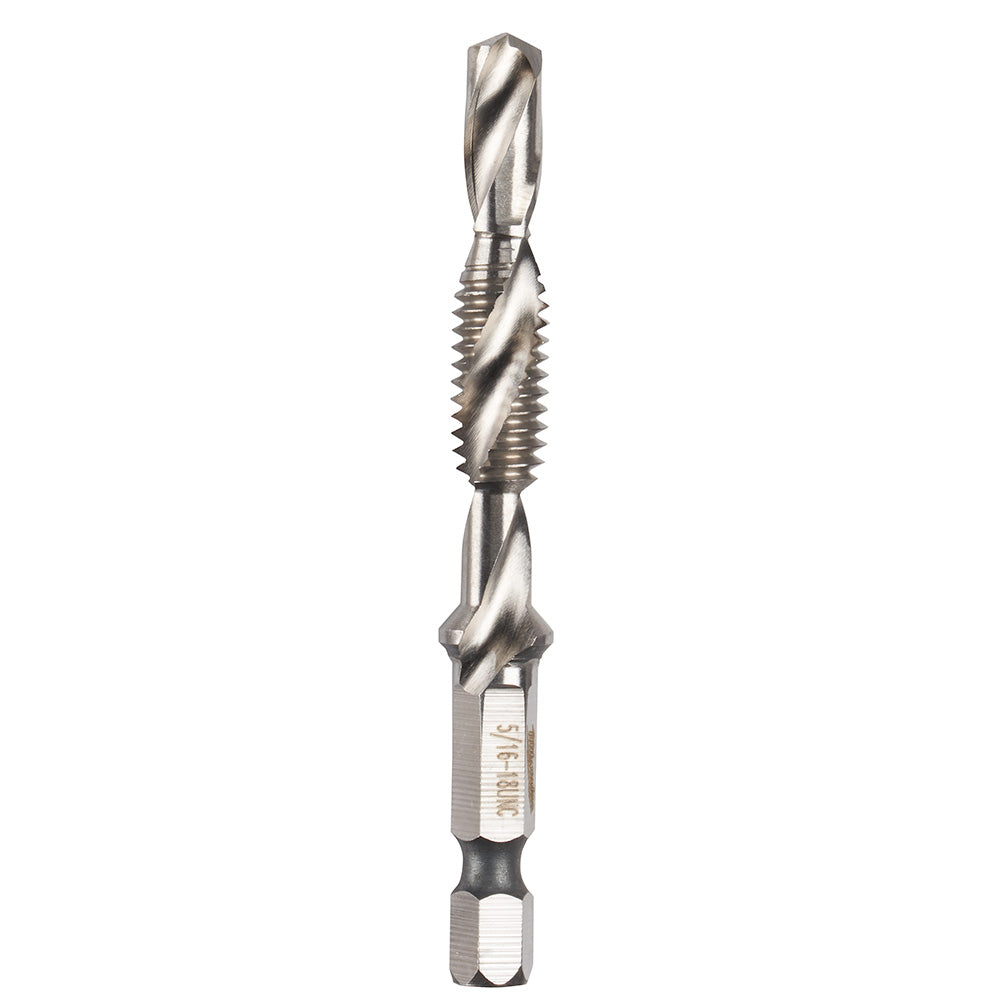 Silver metal combination drill and tap bit with spiraled cutting edges and hex shank connection.