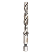 Silver metal combination drill and tap bit with spiraled cutting edges and hex shank connection.