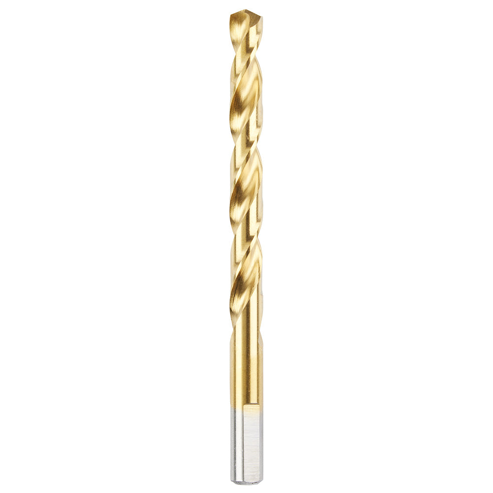 Gold-colored titanium coated twist drill bit with fluted shaft and silver cylindrical shank.