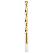 Gold-colored titanium coated twist drill bit with fluted shaft and silver cylindrical shank.