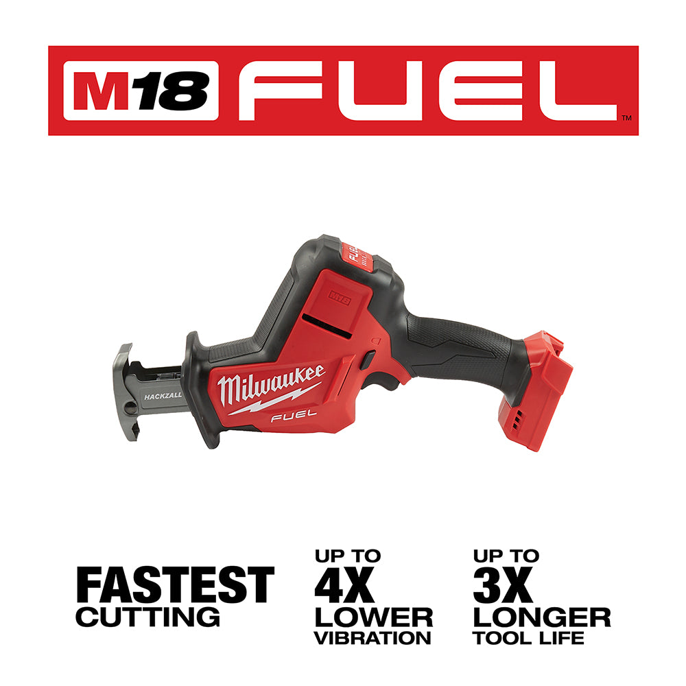 Red and black Milwaukee M18 FUEL reciprocating saw with trigger grip and blade attachment visible.