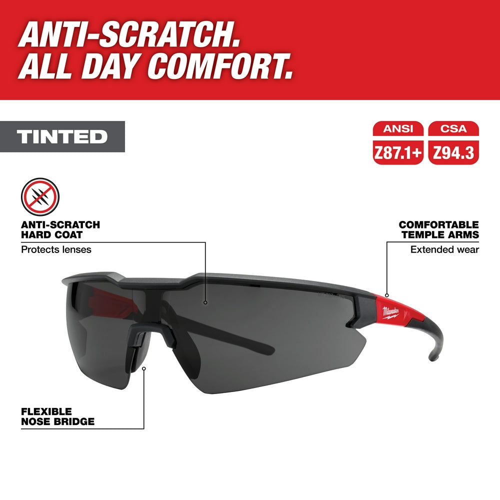 Milwaukee safety glasses with tinted gray lenses, black frames, and red temple arms shown from side angle.
