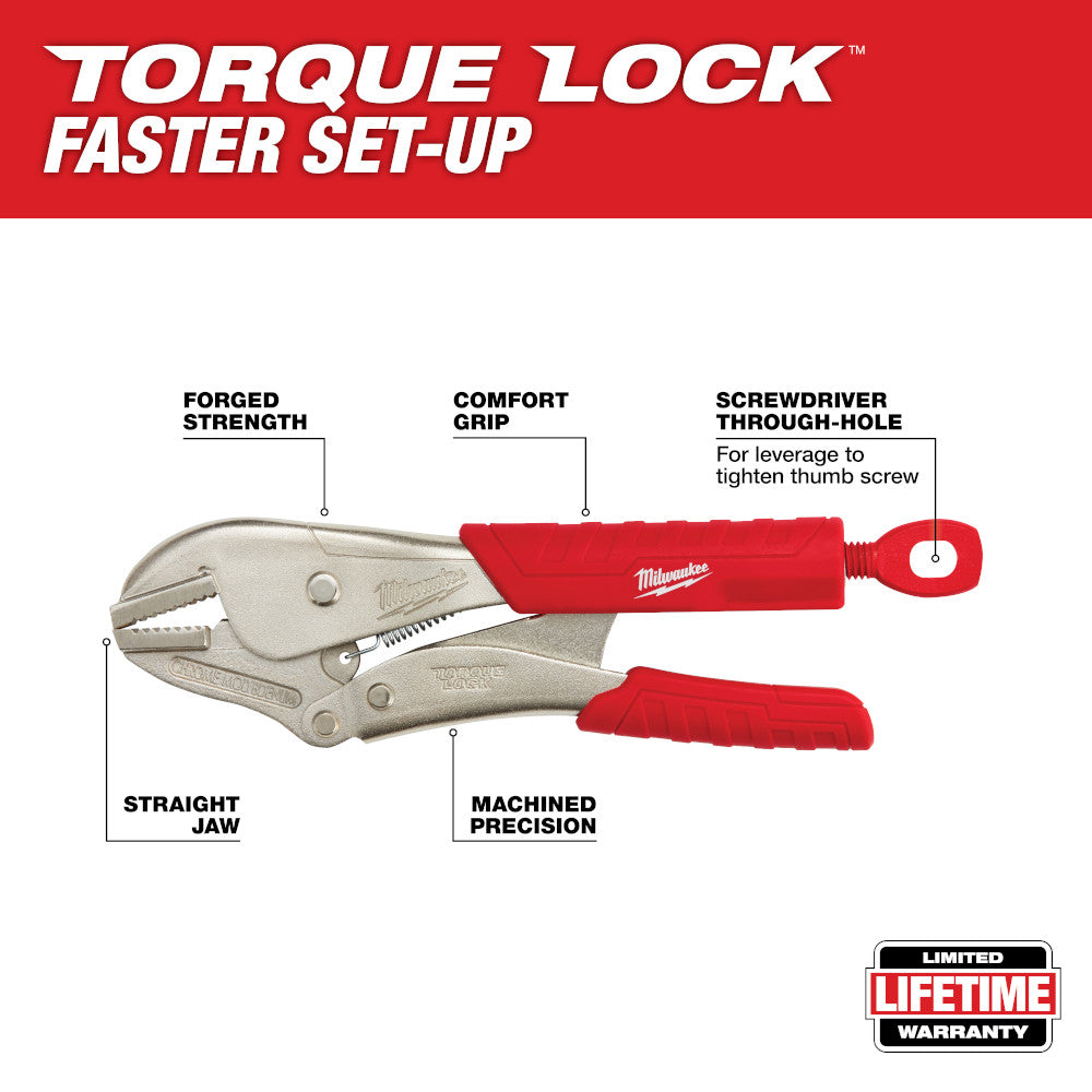 Milwaukee 10 inch straight jaw locking pliers with red comfort grip handles and screwdriver through-hole.