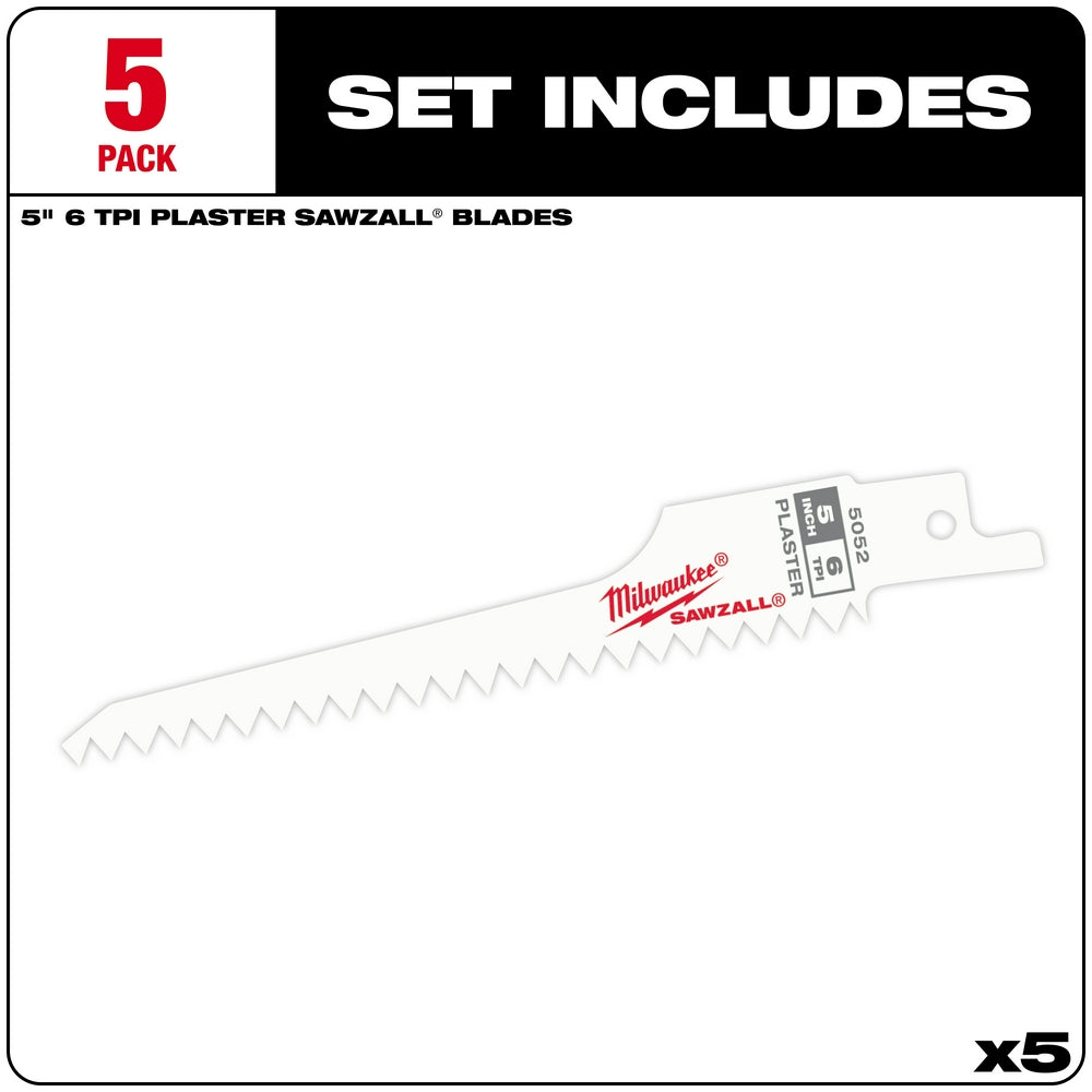 Five Milwaukee 5-inch reciprocating saw blades with 6 teeth per inch, labeled for plaster cutting.
