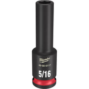 Black Milwaukee deep socket with 5/16" marking, red band at base, 3/8" drive connection.