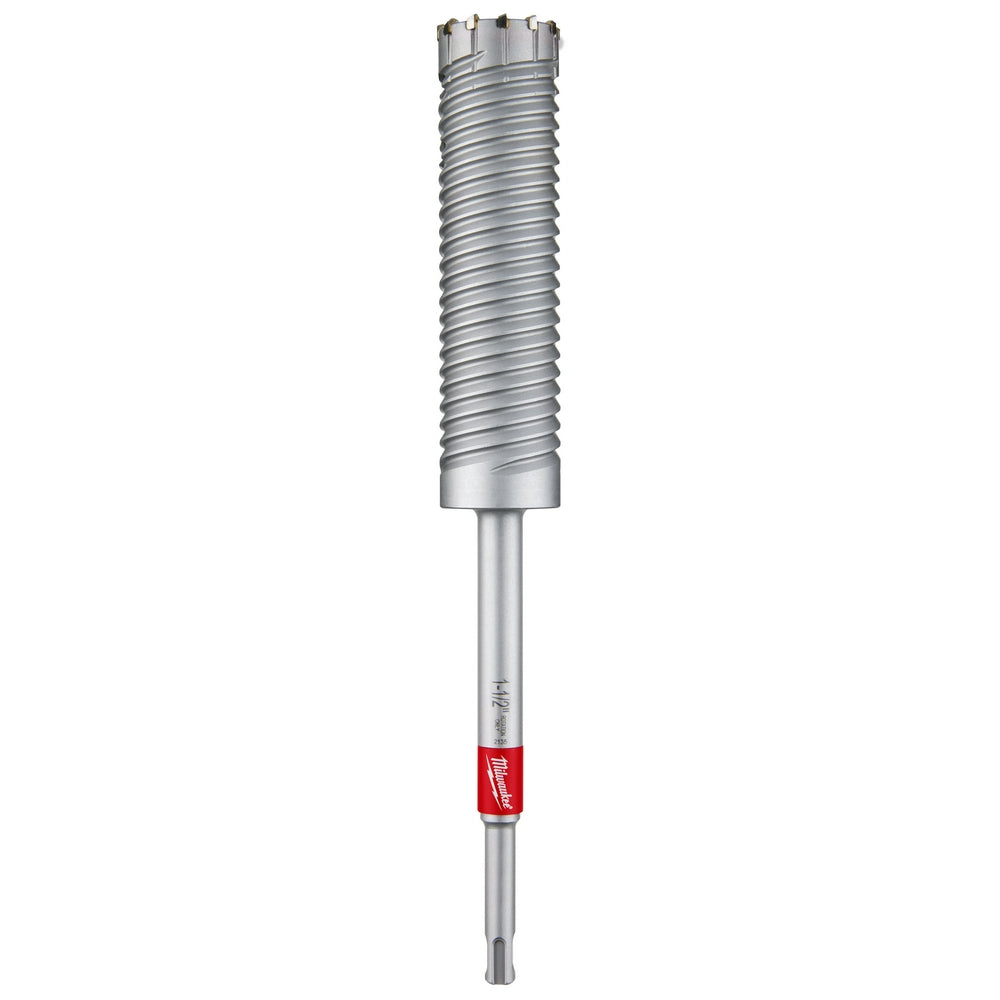 Silver metal SDS Plus rebar cutter bit with ribbed cylindrical head and red band near shaft.