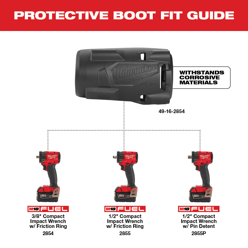 Black rubber protective boot for Milwaukee M18 FUEL compact impact wrenches with Milwaukee branding and model number 49-16-28