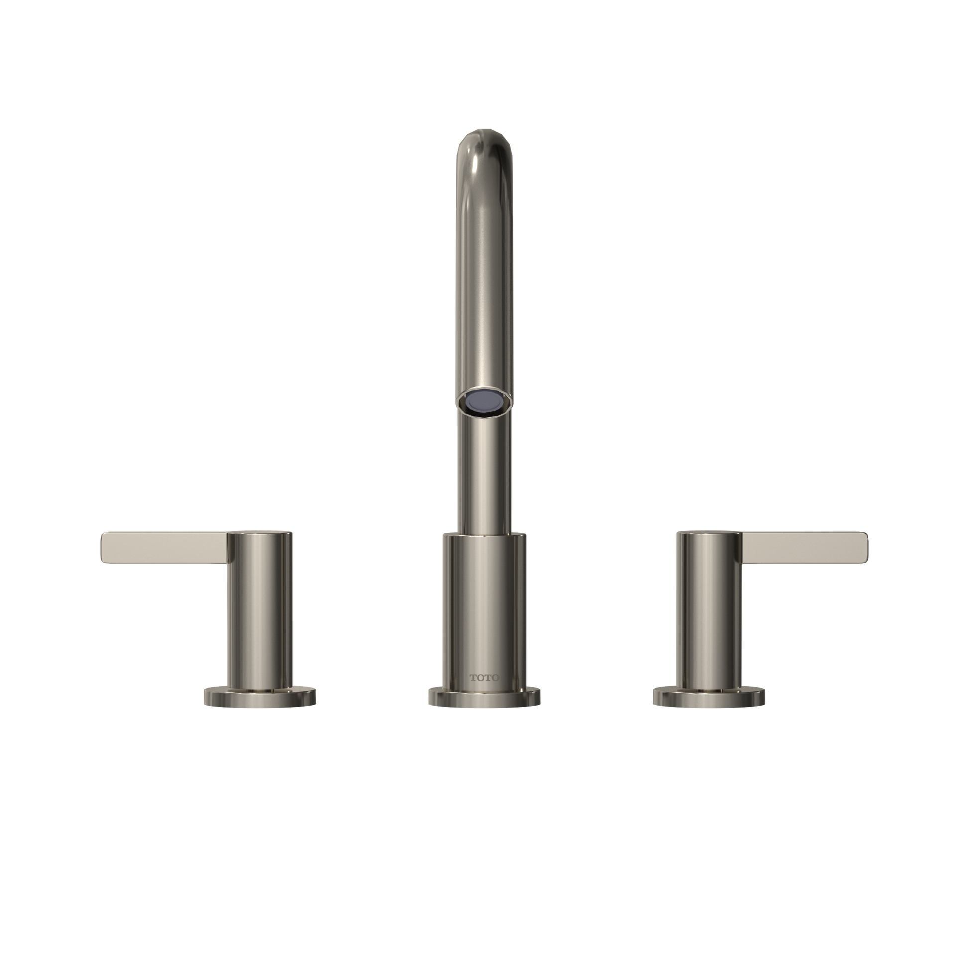 Polished nickel Roman tub filler with tall central spout and two lever handles on either side.