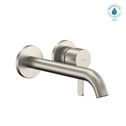 Brushed nickel wall-mount bathroom faucet with single cylindrical handle and curved spout.