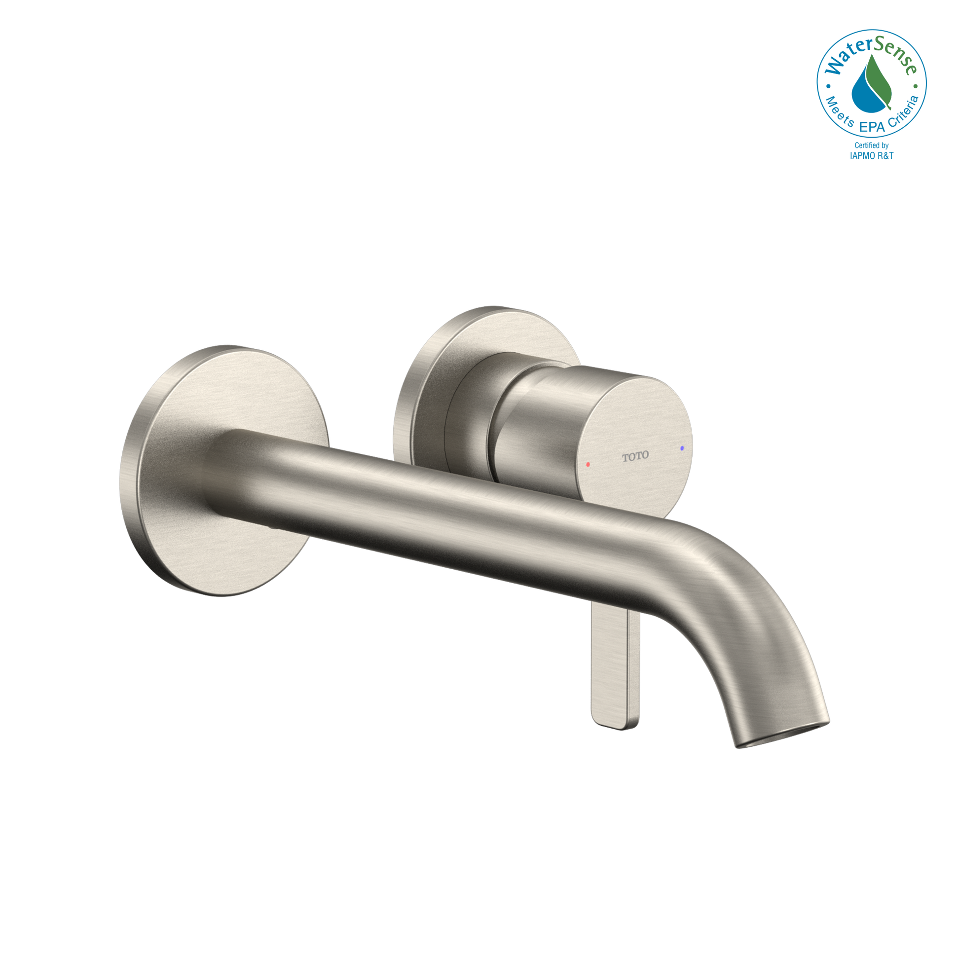 Brushed nickel wall-mount bathroom faucet with single cylindrical handle and curved spout.