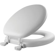 White round cushioned vinyl toilet seat with hinges and fastening hardware.