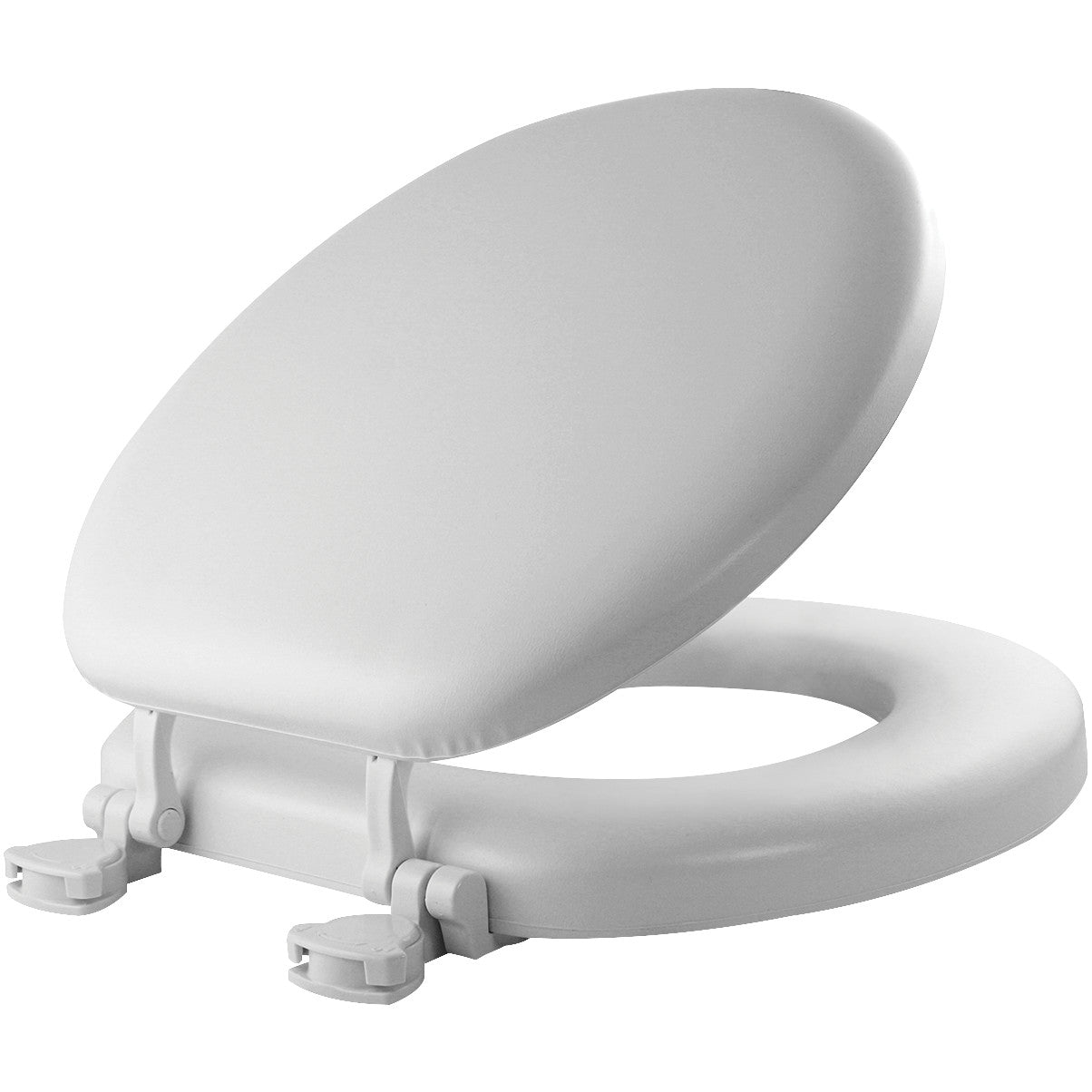 White round cushioned vinyl toilet seat with hinges and fastening hardware.